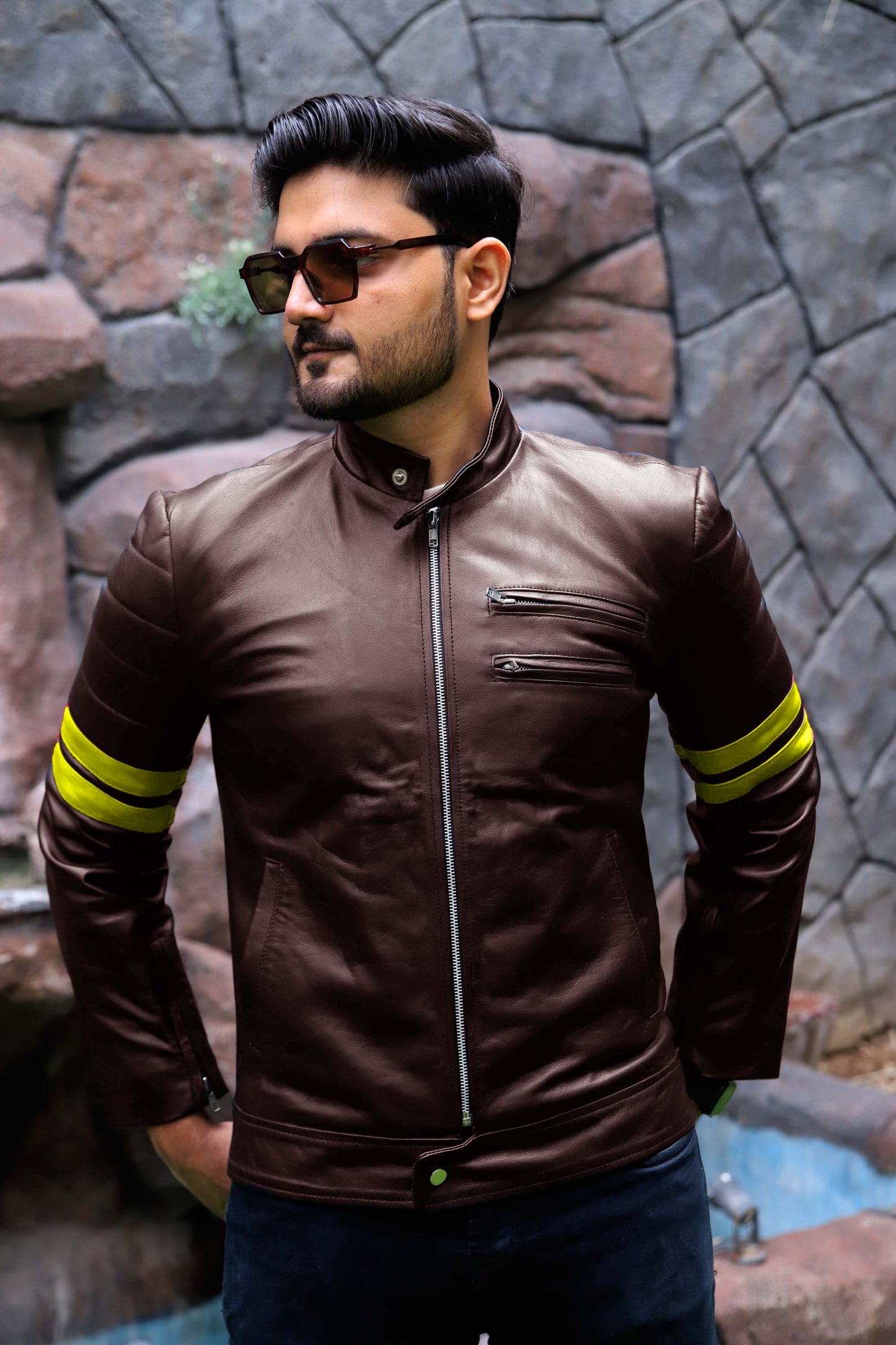 SARGODHA JACKET Men's Cafe Racer Leather Jacket With Yellow Bicep Stripes, Biker Leather Jacket For Men- Brown/Yellow
