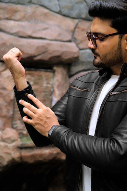 SAHIWAL JACKET Men's Leather Jacket For Men, Diamond Style Biker Jacket For Men-Jet Black