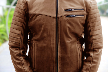 KAMOKE JACKET Men's Distressed Biker Leather Jacket, Vintage Motorcycle Jacket For Men- Vintage Cognac Lite