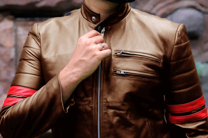 SARGODHA JACKET Men's Cafe Racer Leather Jacket With Red Bicep Stripes, Biker Leather Jacket For Men- Cognac/Red