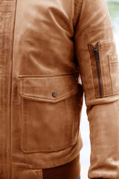 JHELUM JACKET Men's A2 Aviator Bomber Leather Jacket For, Men's Leather Jacket- Cognac