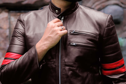 SARGODHA JACKET Men's Cafe Racer Leather Jacket With Red Bicep Stripes, Biker Leather Jacket For Men- Brown/Red