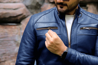 SAHIWAL JACKET Men's Leather Jacket For Men, Diamond Style Biker Jacket For Men-Blue