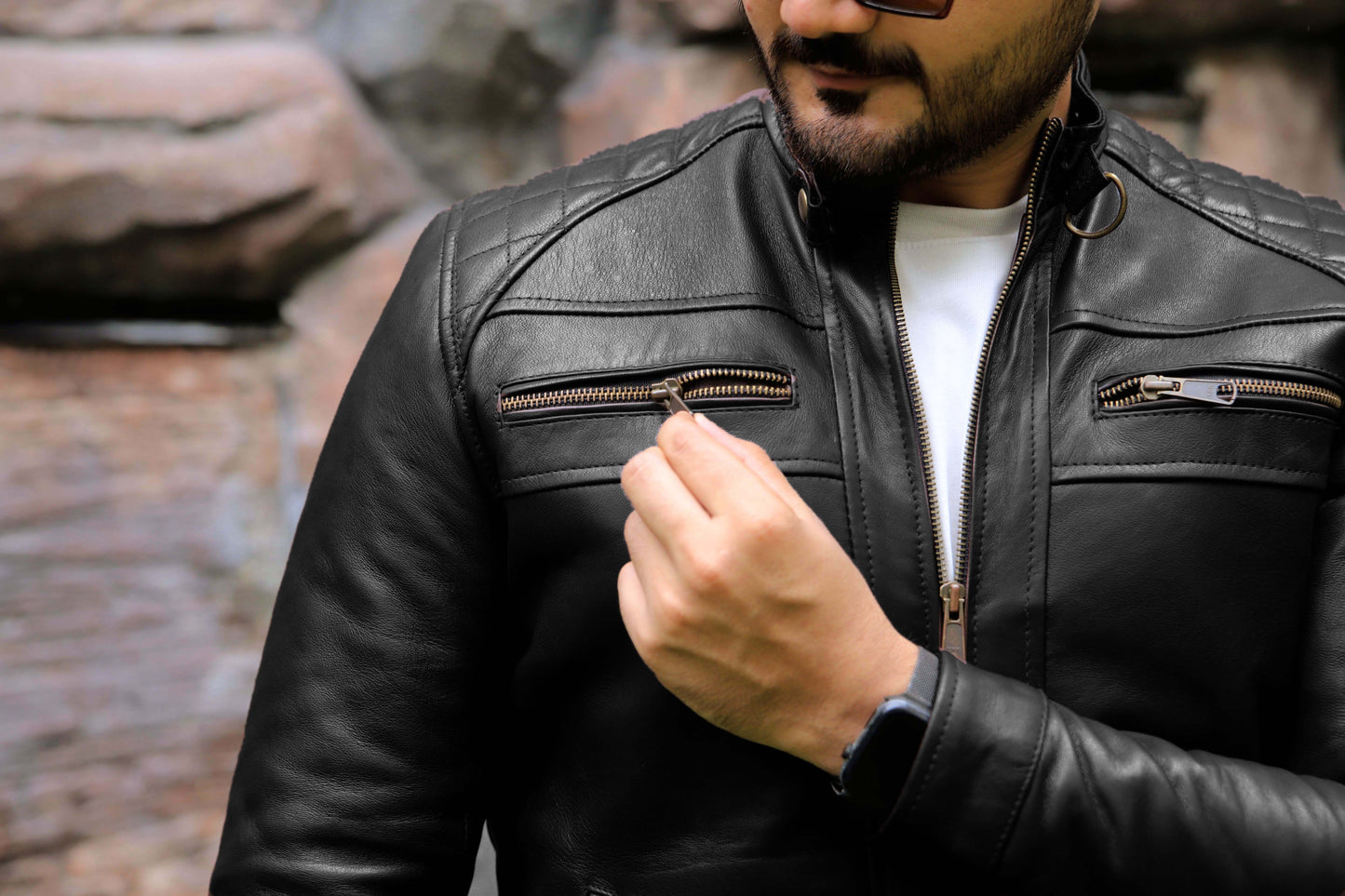 SAHIWAL JACKET Men's Leather Jacket For Men, Diamond Style Biker Jacket For Men-Jet Black