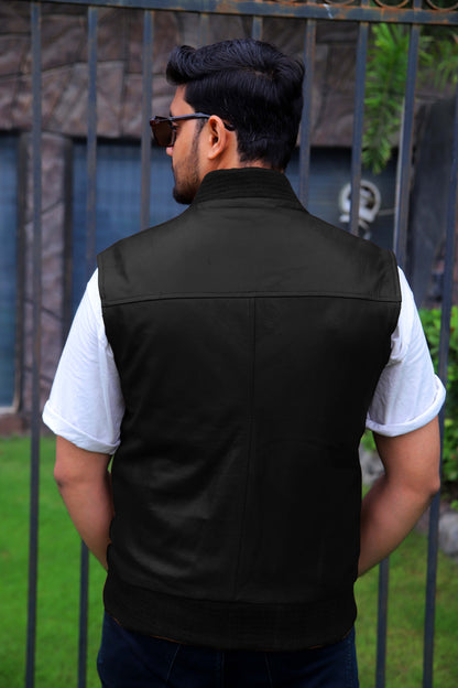 MINGORA JACKET Men's Leather Vest, Formal Leather Vest, Biker Leather Vest, Casual Leather Vest For Men-Black