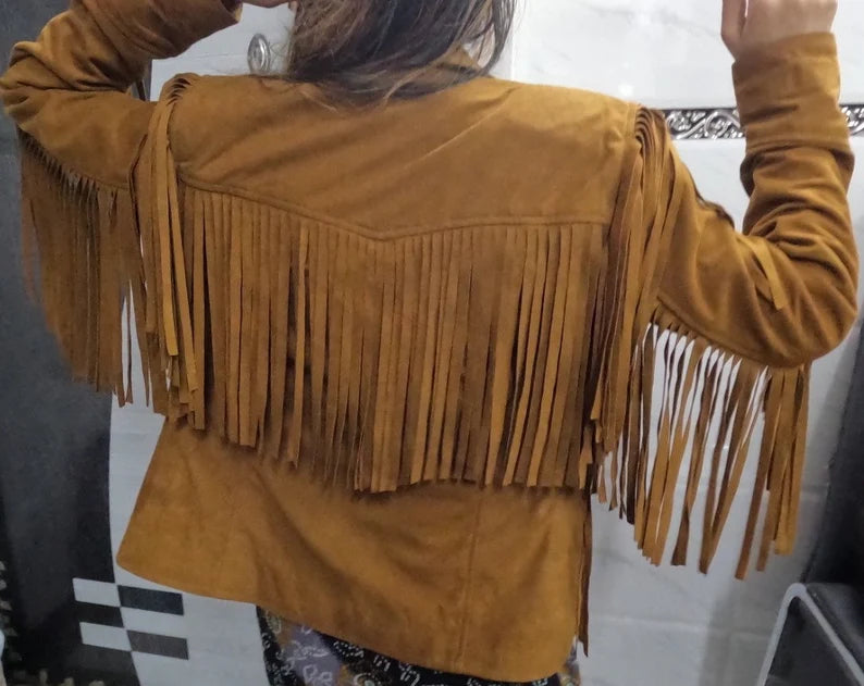 KHAIRPUR JACKET Suede Leather Fringe Jacket For Women- Tan
