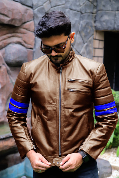 SARGODHA JACKET Men's Cafe Racer Leather Jacket With Blue Bicep Stripes, Biker Leather Jacket For Men- Cognac/Blue