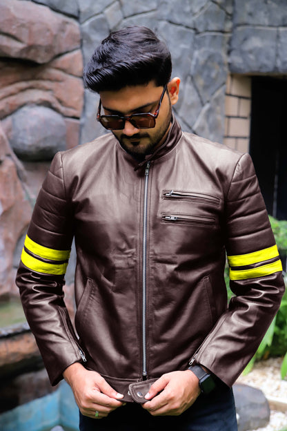 SARGODHA JACKET Men's Cafe Racer Leather Jacket With Yellow Bicep Stripes, Biker Leather Jacket For Men- Brown/Yellow