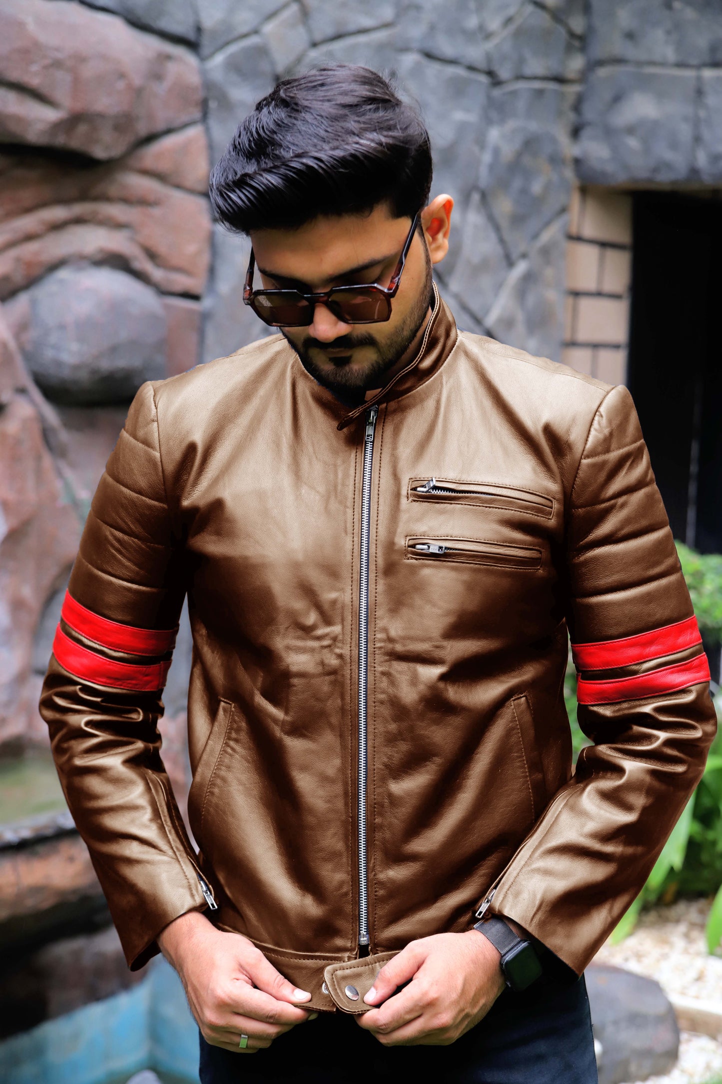 SARGODHA JACKET Men's Cafe Racer Leather Jacket With Red Bicep Stripes, Biker Leather Jacket For Men- Cognac/Red