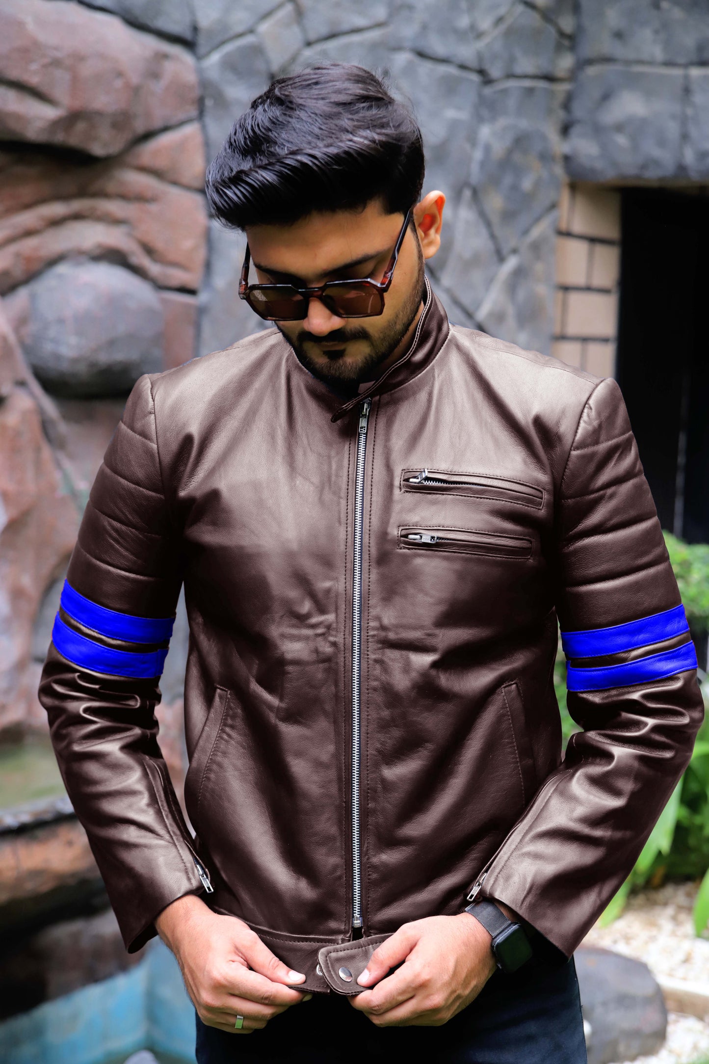 SARGODHA JACKET Men's Cafe Racer Leather Jacket With Blue Bicep Stripes, Biker Leather Jacket For Men- Brown/Blue