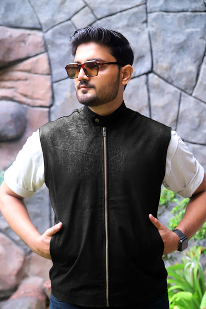 BUREWALA JACKET Men's Leather Vest, Formal Leather Vest, Biker Leather Vest, Casual Leather Vest For Men- Black