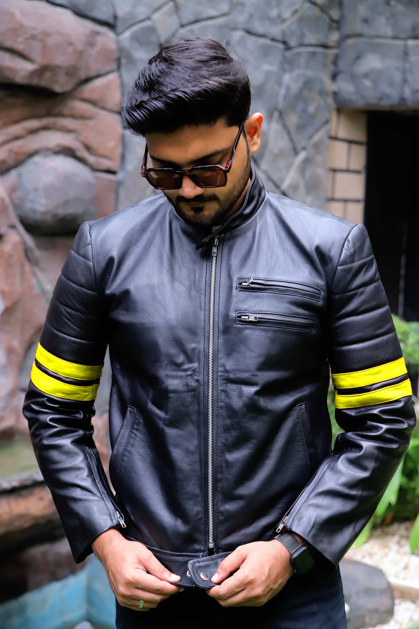 SARGODHA JACKET Men's Cafe Racer Leather Jacket With Yellow Bicep Stripes, Biker Leather Jacket For Men- Black/Yellow