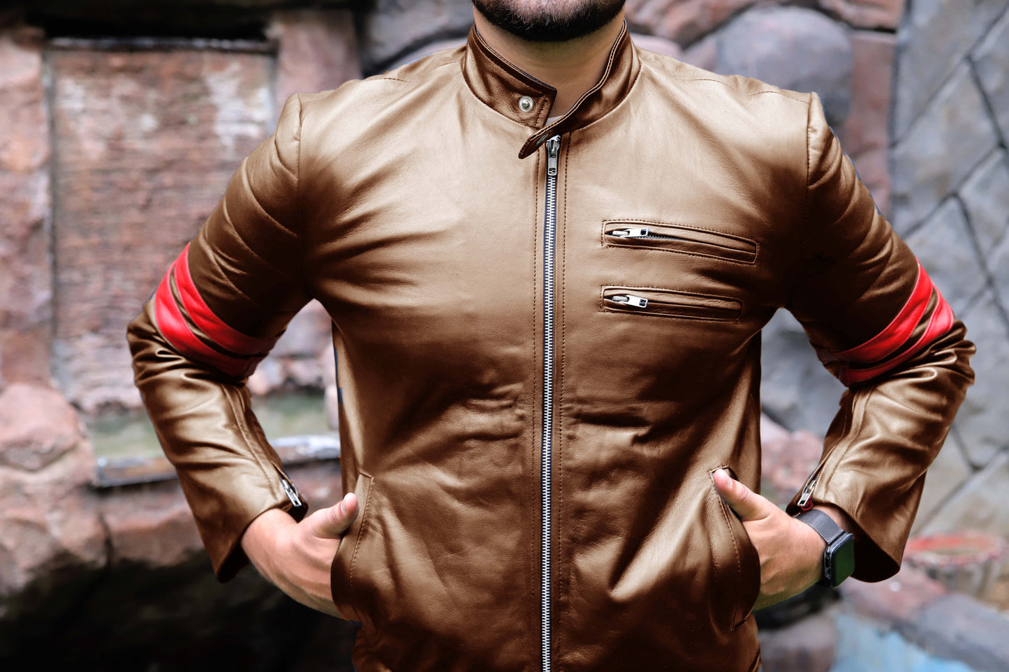 SARGODHA JACKET Men's Cafe Racer Leather Jacket With Red Bicep Stripes, Biker Leather Jacket For Men- Cognac/Red