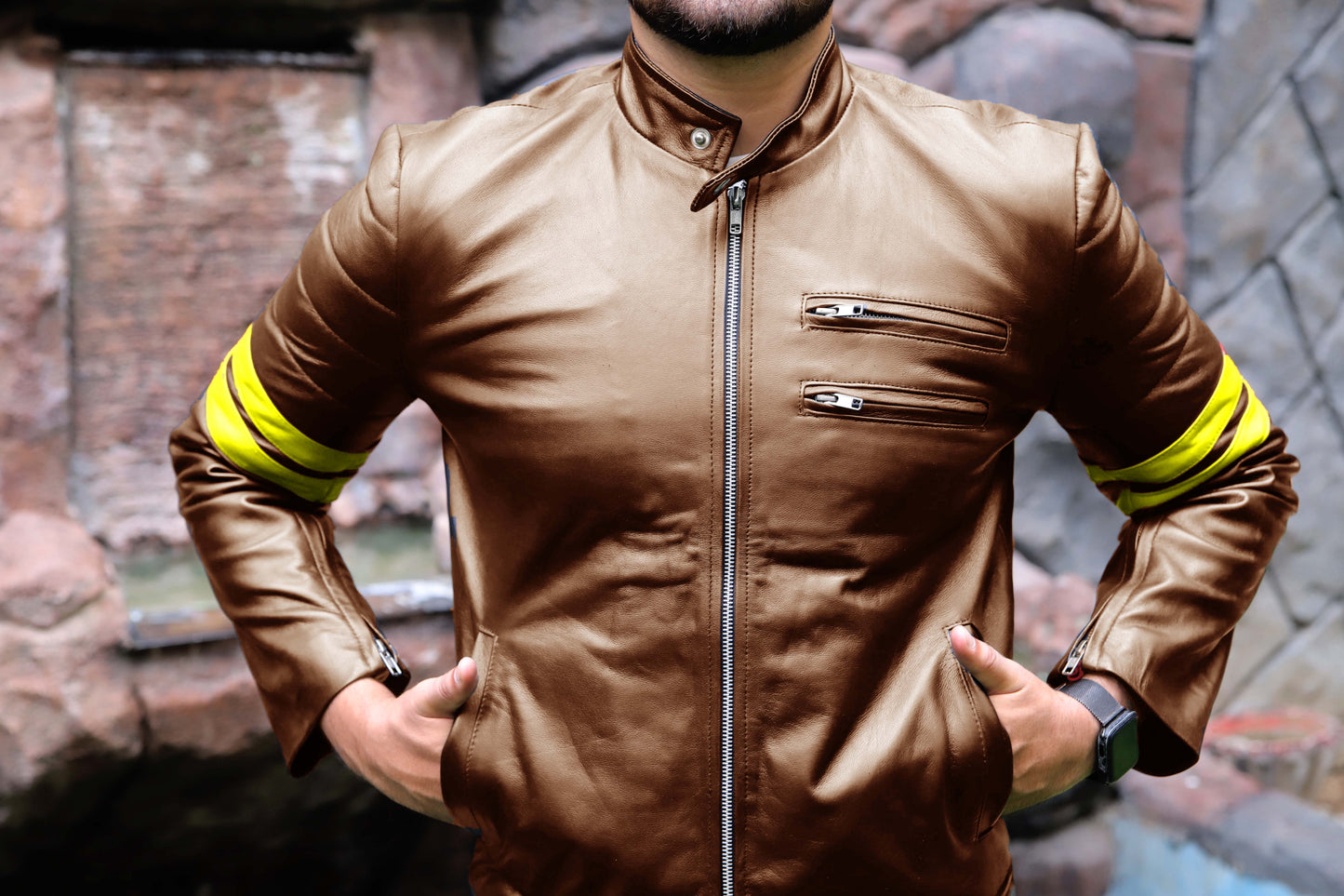SARGODHA JACKET Men's Cafe Racer Leather Jacket With Yellow Bicep Stripes, Biker Leather Jacket For Men- Cognac/Yellow