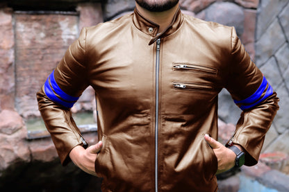 SARGODHA JACKET Men's Cafe Racer Leather Jacket With Blue Bicep Stripes, Biker Leather Jacket For Men- Cognac/Blue
