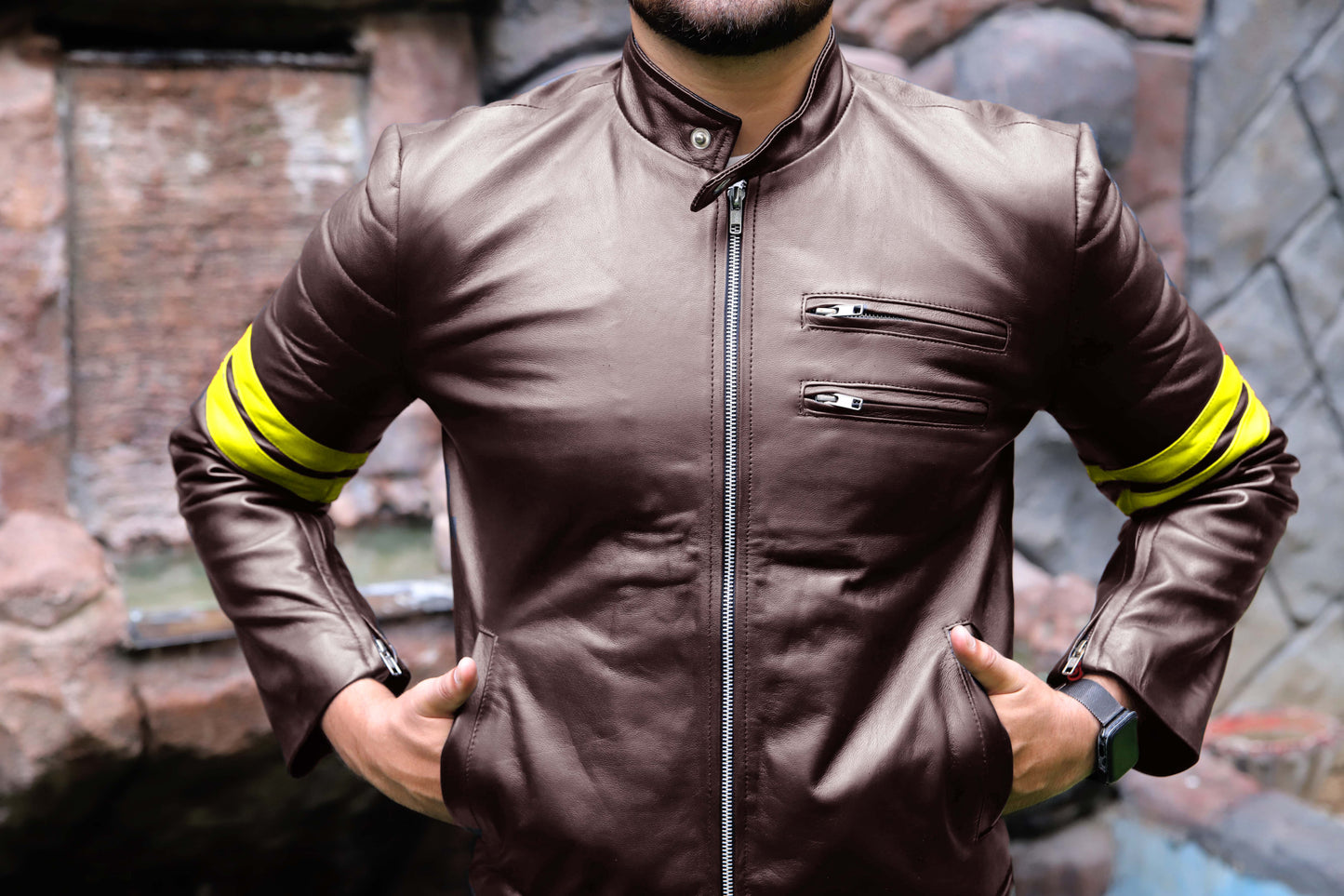 SARGODHA JACKET Men's Cafe Racer Leather Jacket With Yellow Bicep Stripes, Biker Leather Jacket For Men- Brown/Yellow