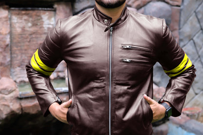 SARGODHA JACKET Men's Cafe Racer Leather Jacket With Yellow Bicep Stripes, Biker Leather Jacket For Men- Brown/Yellow