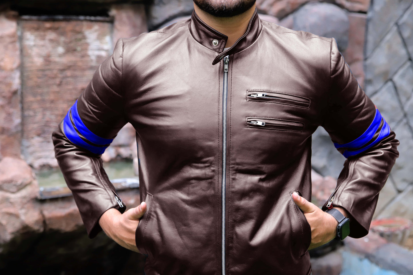 SARGODHA JACKET Men's Cafe Racer Leather Jacket With Blue Bicep Stripes, Biker Leather Jacket For Men- Brown/Blue