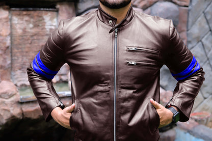 SARGODHA JACKET Men's Cafe Racer Leather Jacket With Blue Bicep Stripes, Biker Leather Jacket For Men- Brown/Blue