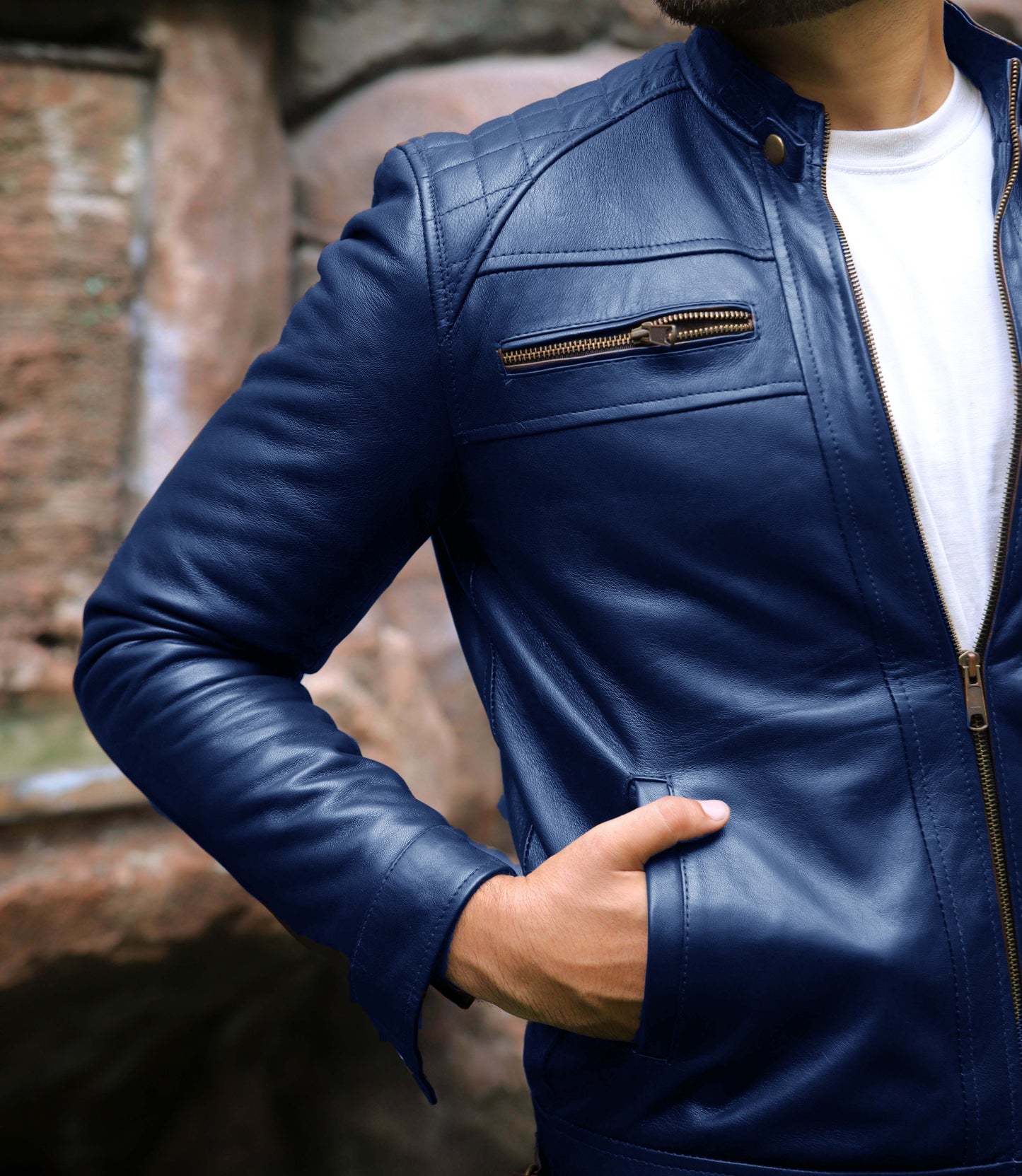 SAHIWAL JACKET Men's Leather Jacket For Men, Diamond Style Biker Jacket For Men-Blue