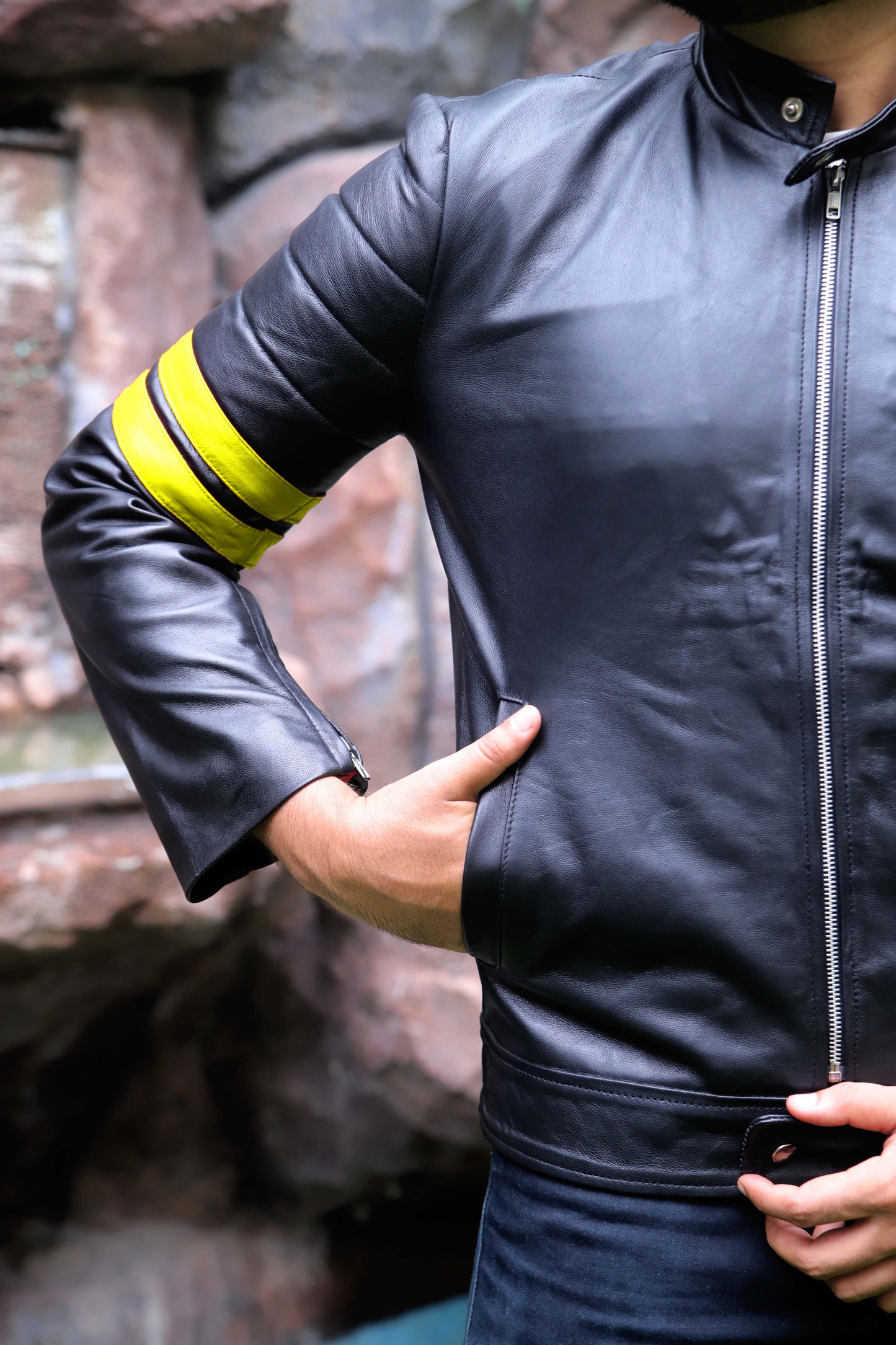 SARGODHA JACKET Men's Cafe Racer Leather Jacket With Yellow Bicep Stripes, Biker Leather Jacket For Men- Black/Yellow