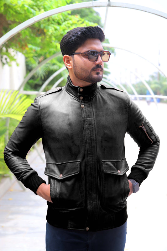 JHELUM JACKET Men's A2 Aviator Bomber Leather Jacket For, Men's Leather Jacket- Black