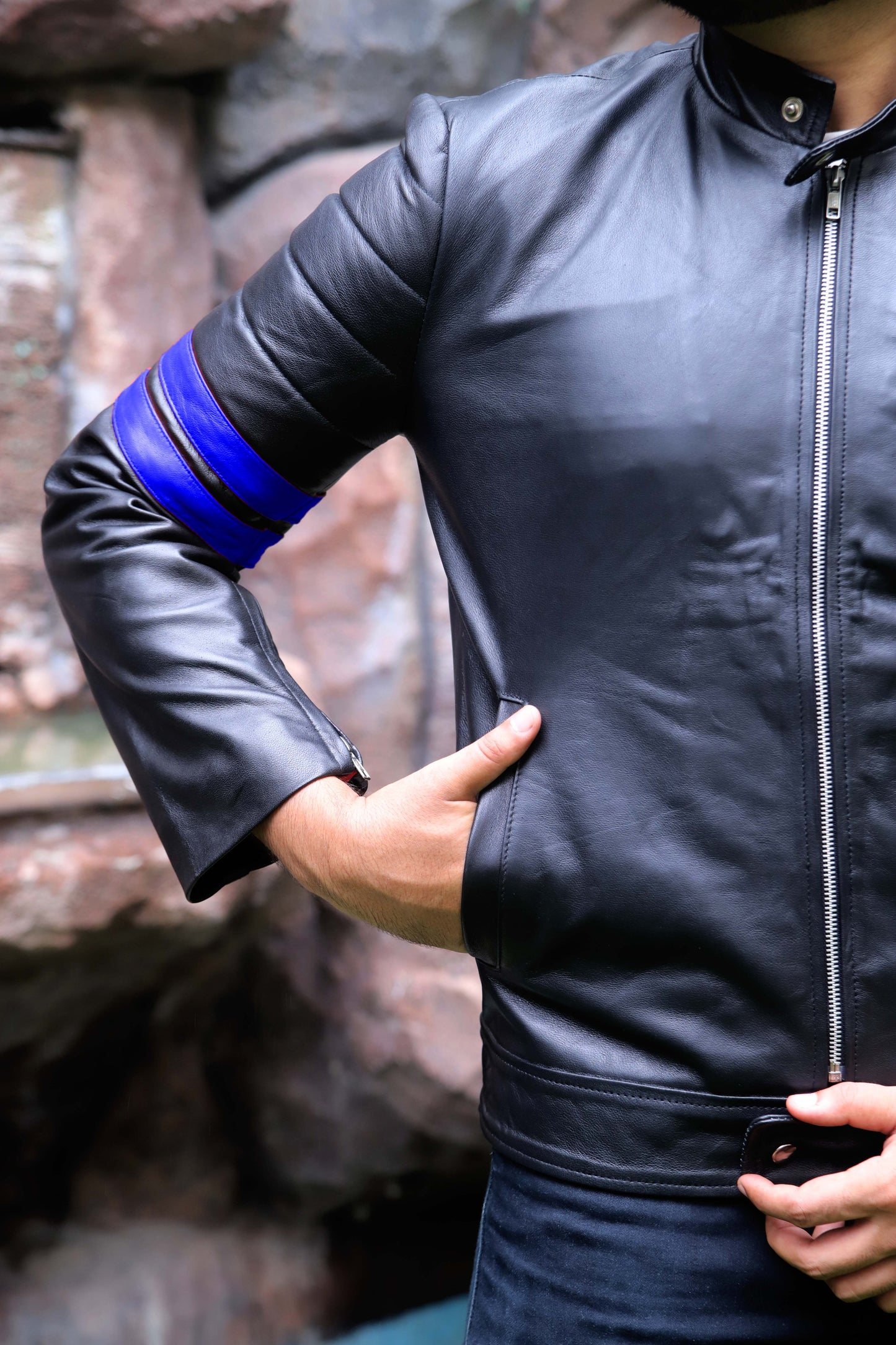 SARGODHA JACKET Men's Cafe Racer Leather Jacket With Blue Bicep Stripes, Biker Leather Jacket For Men- Black/Blue