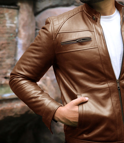 SAHIWAL JACKET Men's Leather Jacket For Men, Diamond Style Biker Jacket For Men-Cognac