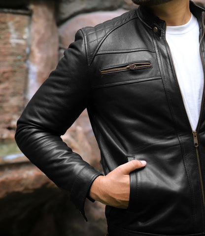 SAHIWAL JACKET Men's Leather Jacket For Men, Diamond Style Biker Jacket For Men-Jet Black