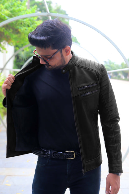 KAMOKE JACKET Men's Distressed Biker Leather Jacket, Vintage Motorcycle Jacket For Men- Vintage Black lite