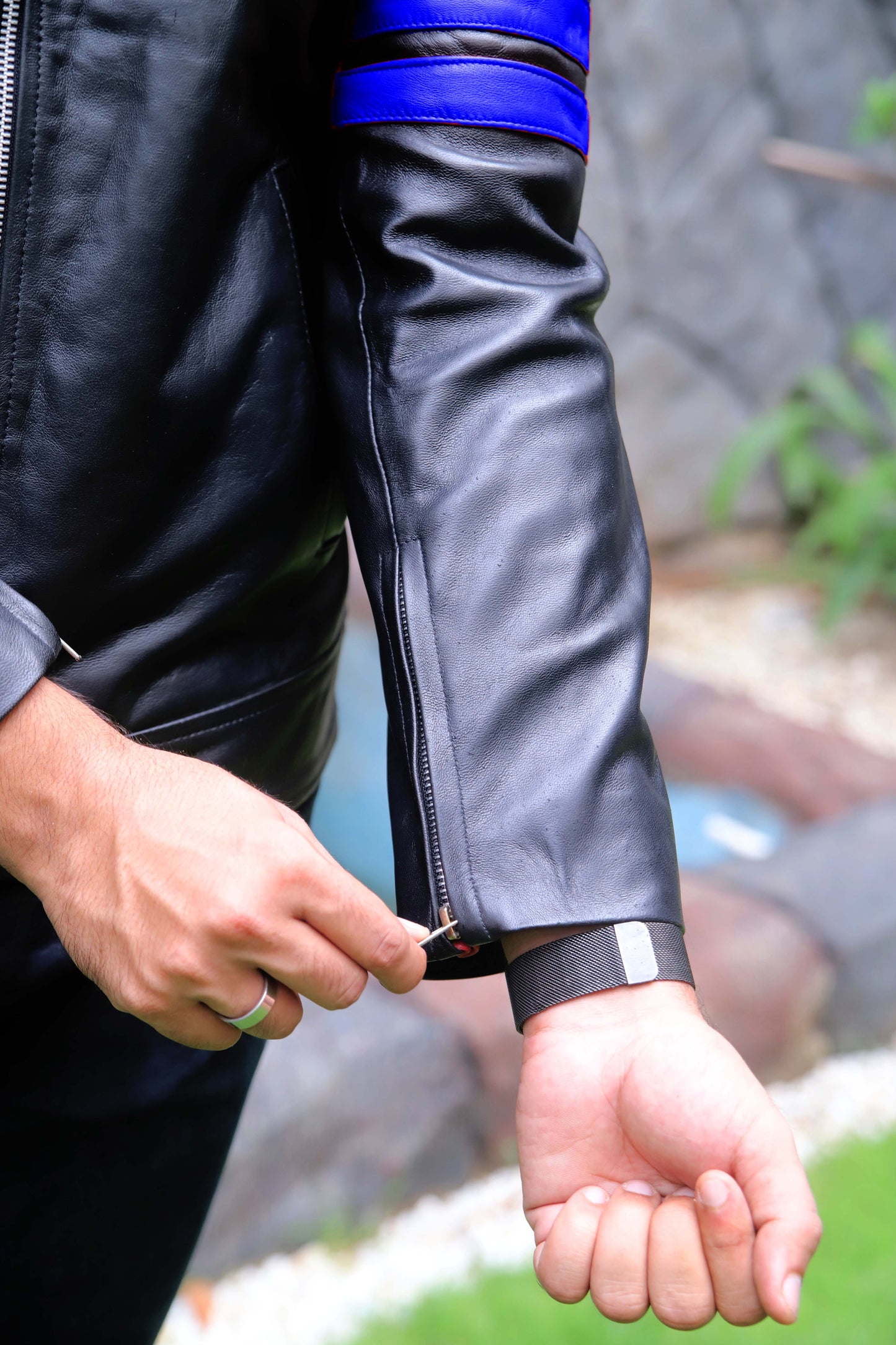 SARGODHA JACKET Men's Cafe Racer Leather Jacket With Blue Bicep Stripes, Biker Leather Jacket For Men- Black/Blue