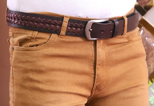 PAKISTAN BELT PRO Elegant Genuine Leather Braided Belt - Brown/Brown