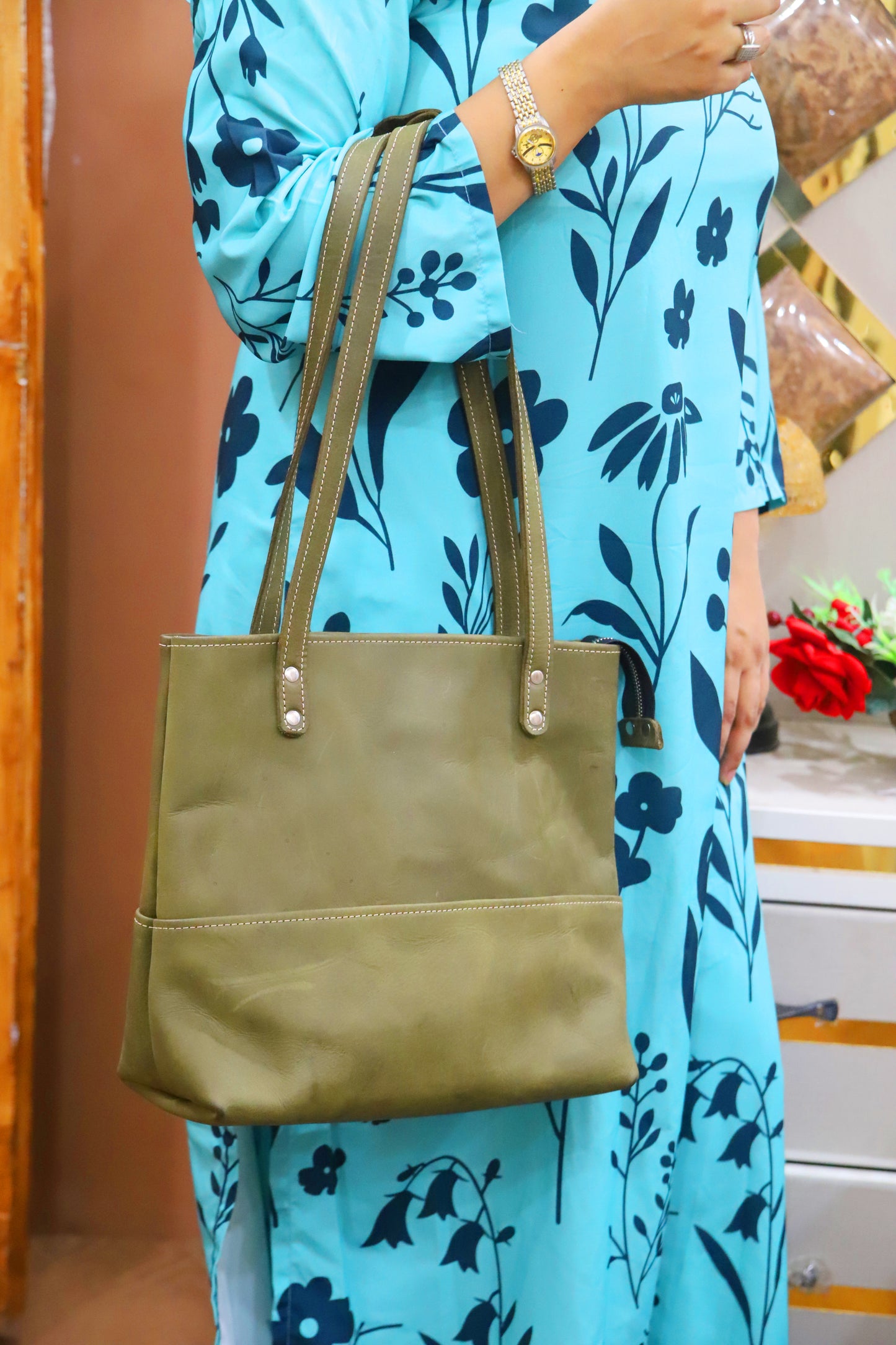 KARACHI BAG Women's Handmade Genuine Cow Leather Distressed Shoulder Bag, Ladies Tote Bag, Ladies Handbag-Olive Green