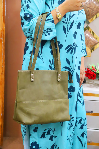 KARACHI BAG Women's Handmade Genuine Cow Leather Distressed Shoulder Bag, Ladies Tote Bag, Ladies Handbag-Olive Green