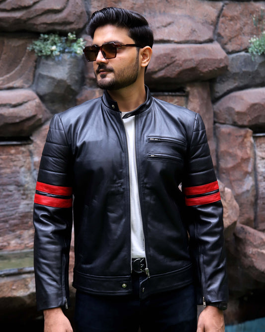 SARGODHA JACKET Men's Cafe Racer Leather Jacket With Red Bicep Stripes, Biker Leather Jacket For Men- Black