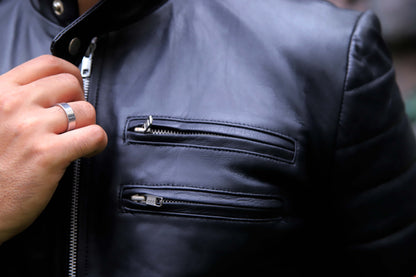 SARGODHA JACKET Men's Cafe Racer Leather Jacket With Red Bicep Stripes, Biker Leather Jacket For Men- Black