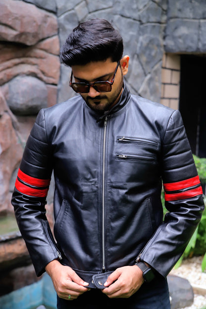 SARGODHA JACKET Men's Cafe Racer Leather Jacket With Red Bicep Stripes, Biker Leather Jacket For Men- Black