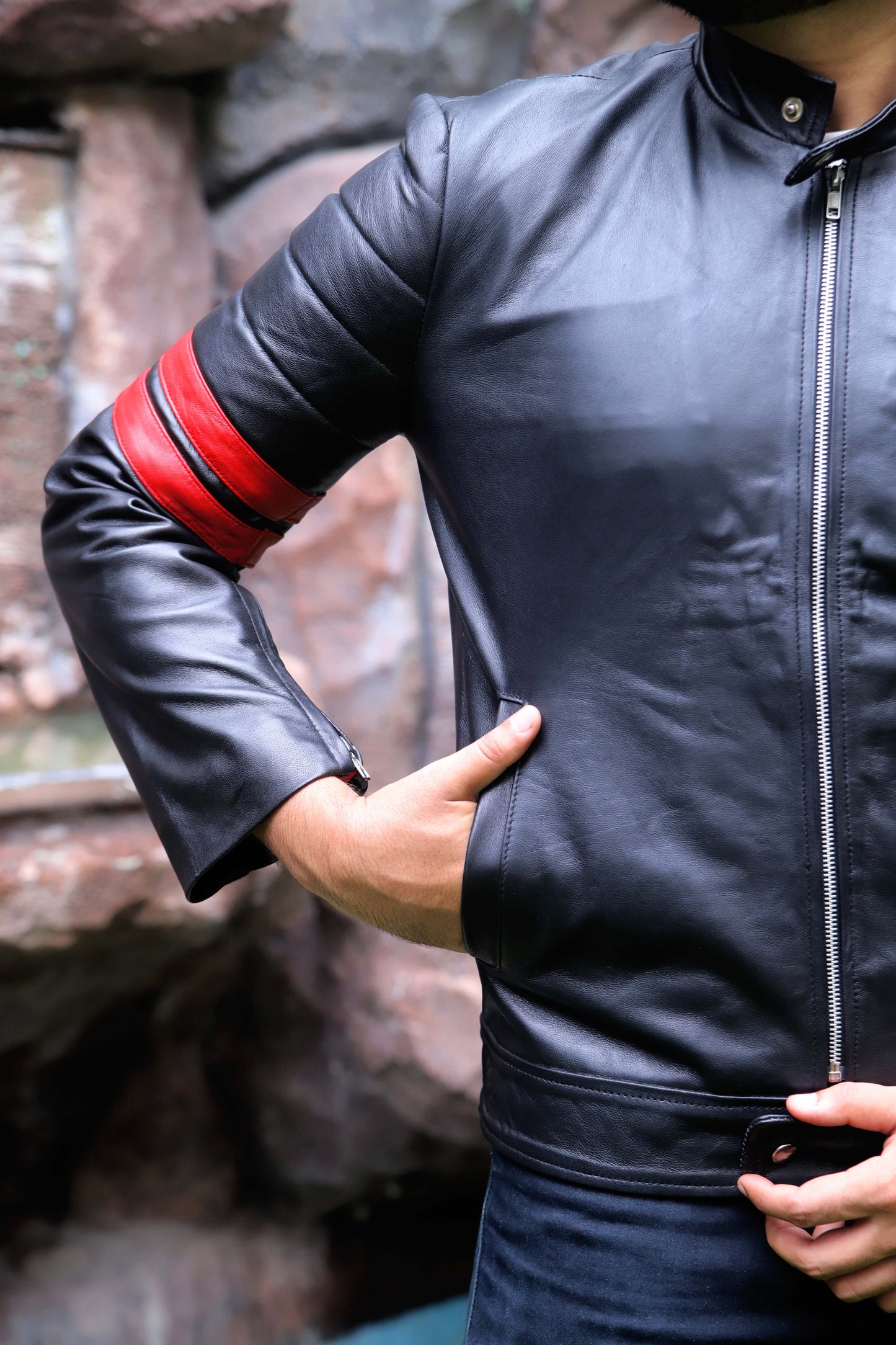 SARGODHA JACKET Men's Cafe Racer Leather Jacket With Red Bicep Stripes, Biker Leather Jacket For Men- Black