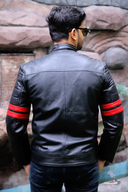 SARGODHA JACKET Men's Cafe Racer Leather Jacket With Red Bicep Stripes, Biker Leather Jacket For Men- Black