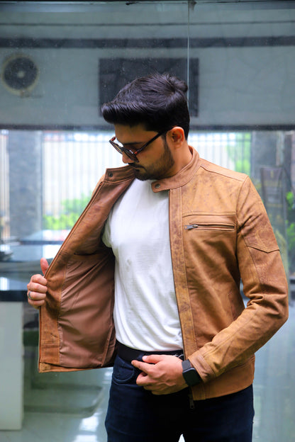 JHANG JACKET Men's Leather Jacket Suede Touch Men's Biker Leather Jacket, Casual Biker Street wear- Tan