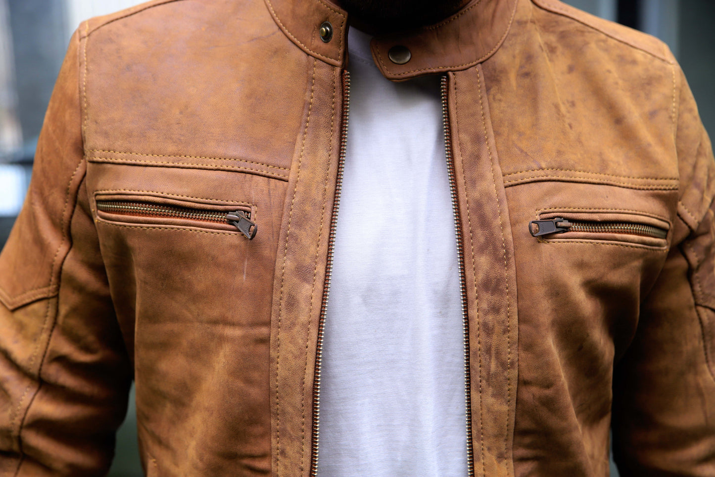 JHANG JACKET Men's Leather Jacket Suede Touch Men's Biker Leather Jacket, Casual Biker Street wear- Tan