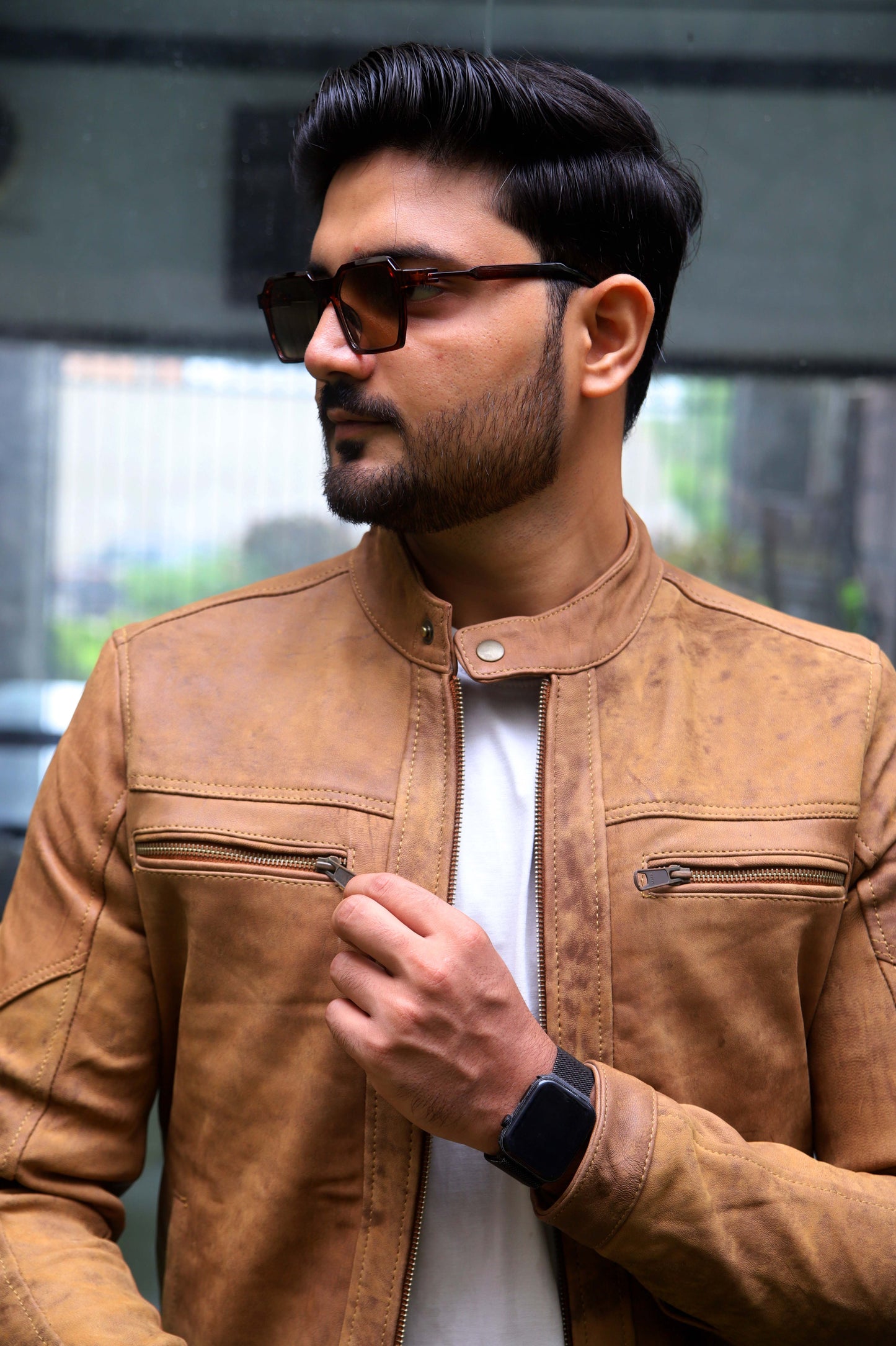 JHANG JACKET Men's Leather Jacket Suede Touch Men's Biker Leather Jacket, Casual Biker Street wear- Tan
