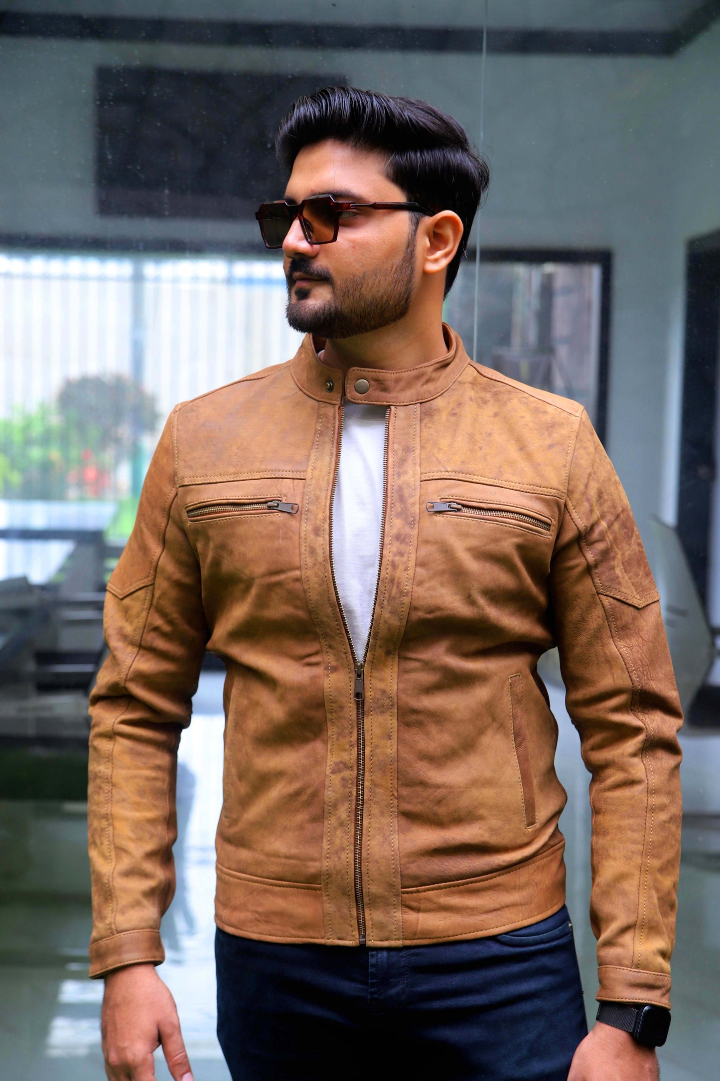 JHANG JACKET Men's Leather Jacket Suede Touch Men's Biker Leather Jacket, Casual Biker Street wear- Tan