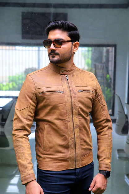 JHANG JACKET Men's Leather Jacket Suede Touch Men's Biker Leather Jacket, Casual Biker Street wear- Tan
