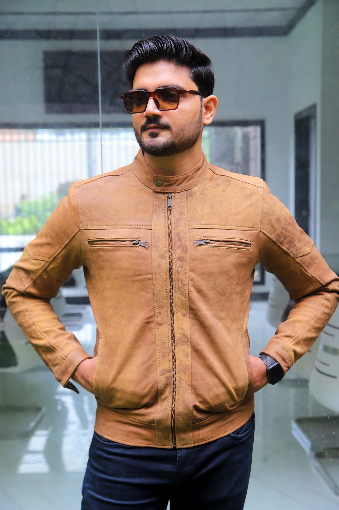 JHANG JACKET Men's Leather Jacket Suede Touch Men's Biker Leather Jacket, Casual Biker Street wear- Tan