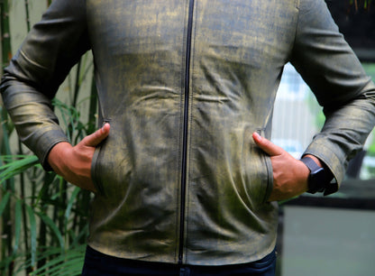 OKARA JACKET Men's Leather Jacket, Distressed Green Leather Jacket For Men, Biker Leather Jacket For Men, Casual Wear- Vintage Green