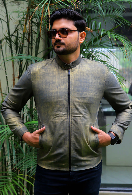 OKARA JACKET Men's Leather Jacket, Distressed Green Leather Jacket For Men, Biker Leather Jacket For Men, Casual Wear- Vintage Green