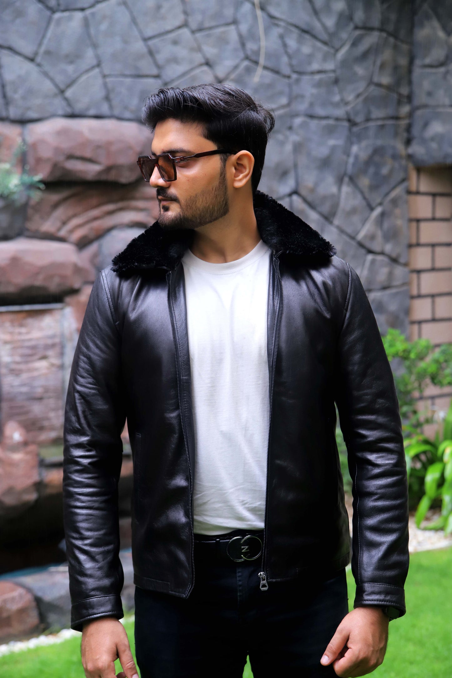 HAFIZABAD JACKET Men's Leather Jacket With Fur Collar (Removeable), Biker Leather Jacket For, Formal & Casual Leather Jacket For Men- Black