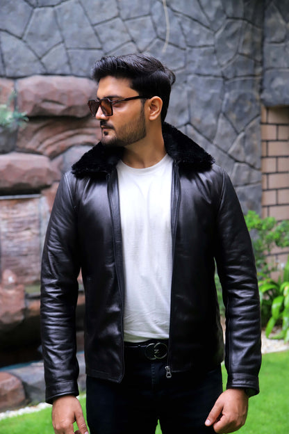HAFIZABAD JACKET Men's Leather Jacket With Fur Collar (Removeable), Biker Leather Jacket For, Formal & Casual Leather Jacket For Men- Black