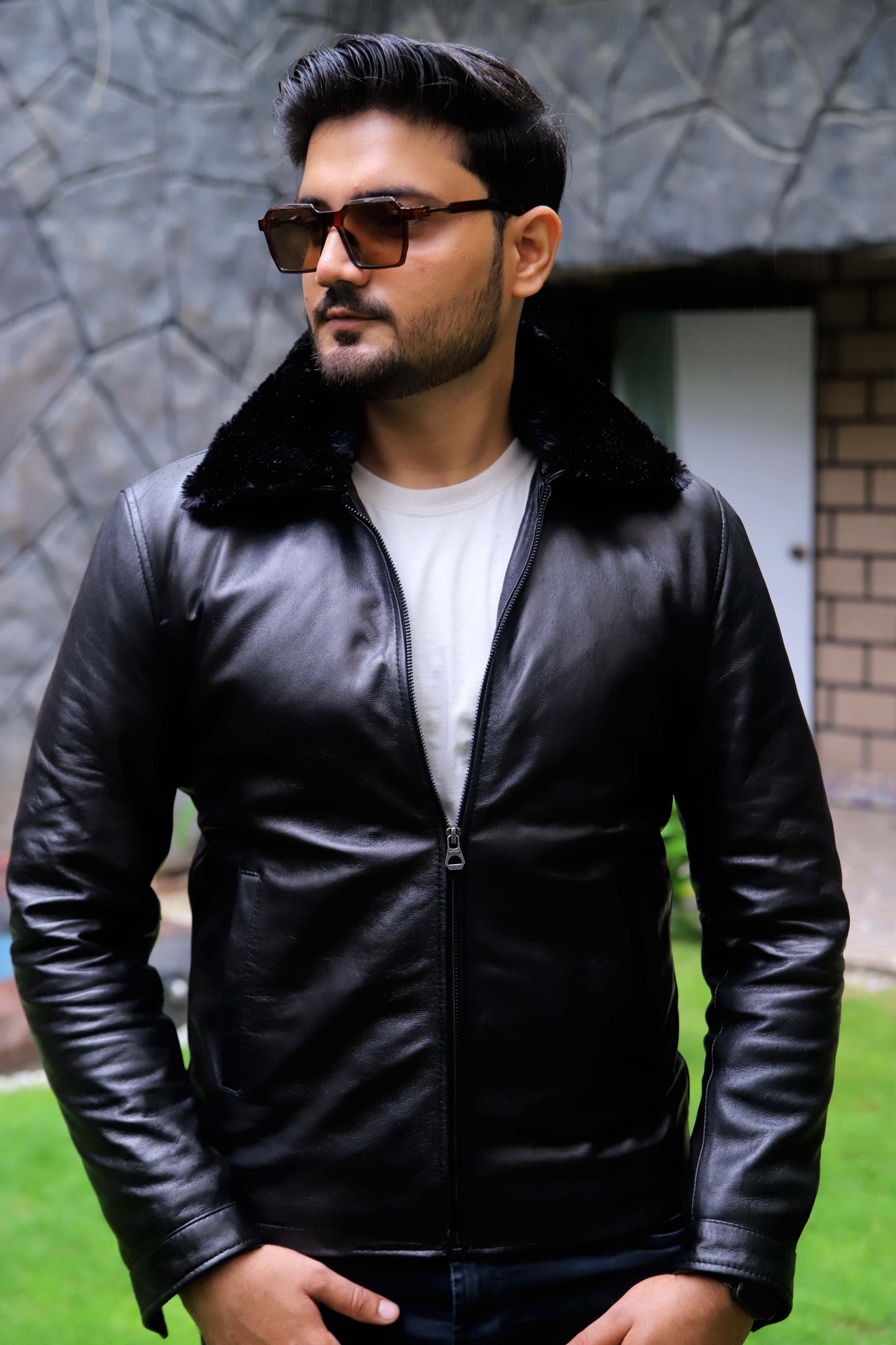 HAFIZABAD JACKET Men's Leather Jacket With Fur Collar (Removeable), Biker Leather Jacket For, Formal & Casual Leather Jacket For Men- Black